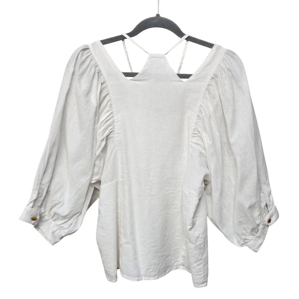 Anthropologie Akemi + Kin Top Small Linen Blend Puff Sleeve Strappy Boho Cottage